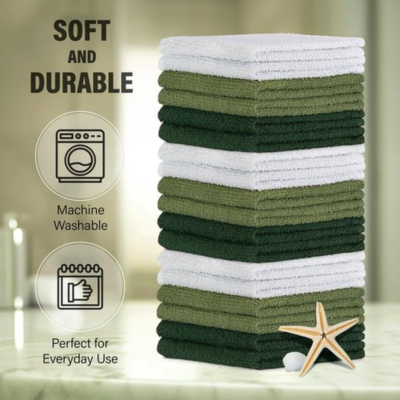 DecorRack 18 Pack 100% Cotton Wash Cloths, Ultra Soft, 11 x 11 inch Ultra Absorbant, Machine Washable Premium Washcloths, Green (18 Pack)