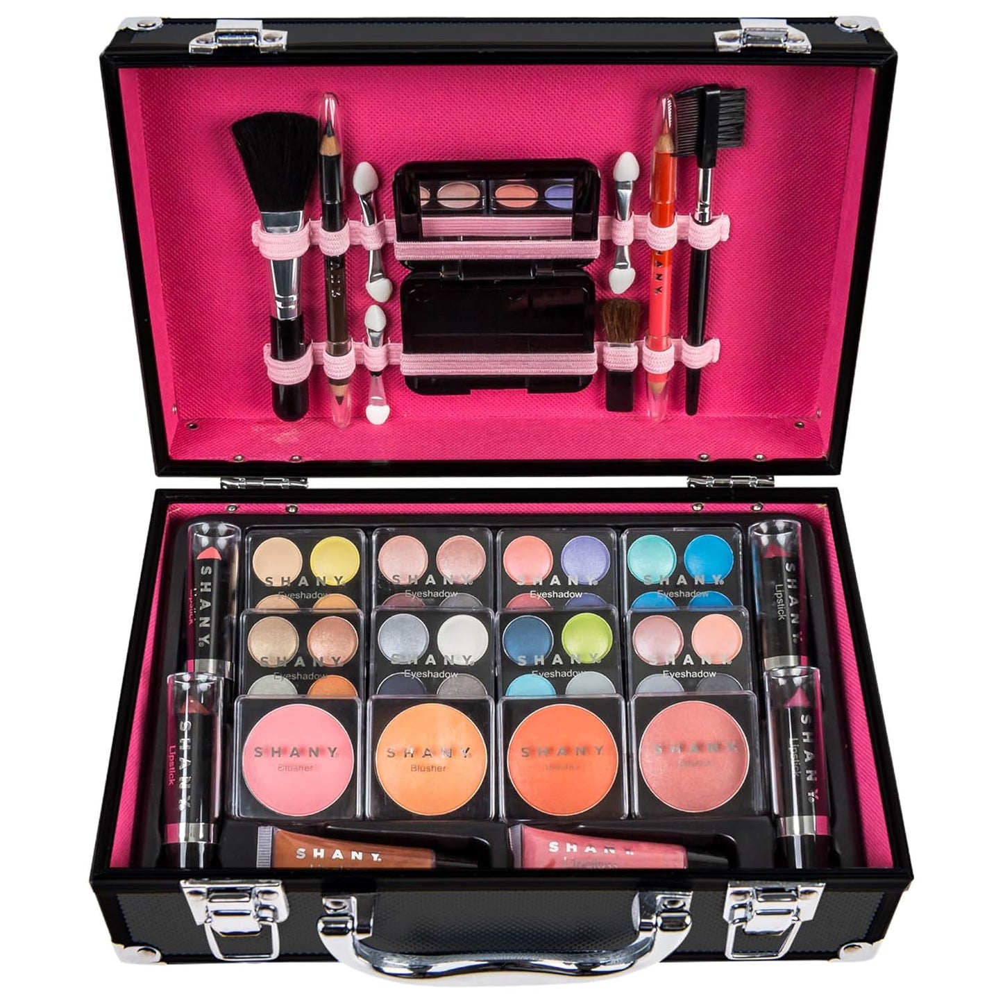 SHANY Carry All Make up Train Case with Pro Makeup Set, Beauty Brushes, Lipsticks, Eye Shadows, Blushes, Powders, and more - Reusable Cosmetics Storage Organizer - Premium Gift Packaging - Leopard