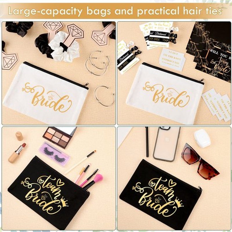 63 Pcs Bridesmaid Proposal Gifts Bulk Maid of Honor Gifts Matron of Honor Gifts Brides Bridesmaid Cosmetic Makeup Bag Hair Knotted Bracelets Invitation Cards for Wedding Bachelorette (Dark Style)