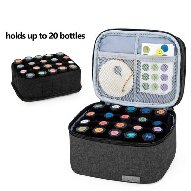 LUXJA Essential Oils Bag - Holds 20 Bottles (5ml-30ml, Also Fits for Roller Bottles), Double-Layer Organizer for Essential Oil and Accessories, Black