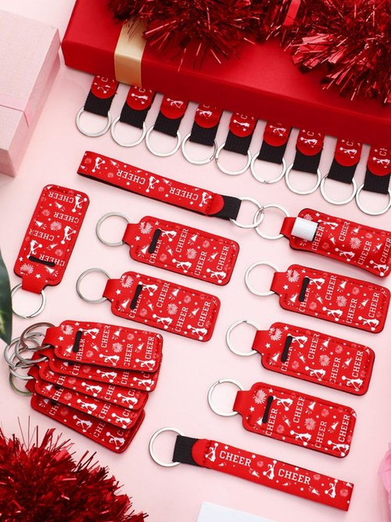 MotiMind 24 Pcs Cheer Lipstick Holder Keychains Lanyard Set Cheer Teams Gifts Cheerleaders Party Favors Cheer Theme Portable Lipstick Holder and Lanyard for Competitive Cheer Party Supplies(Red)
