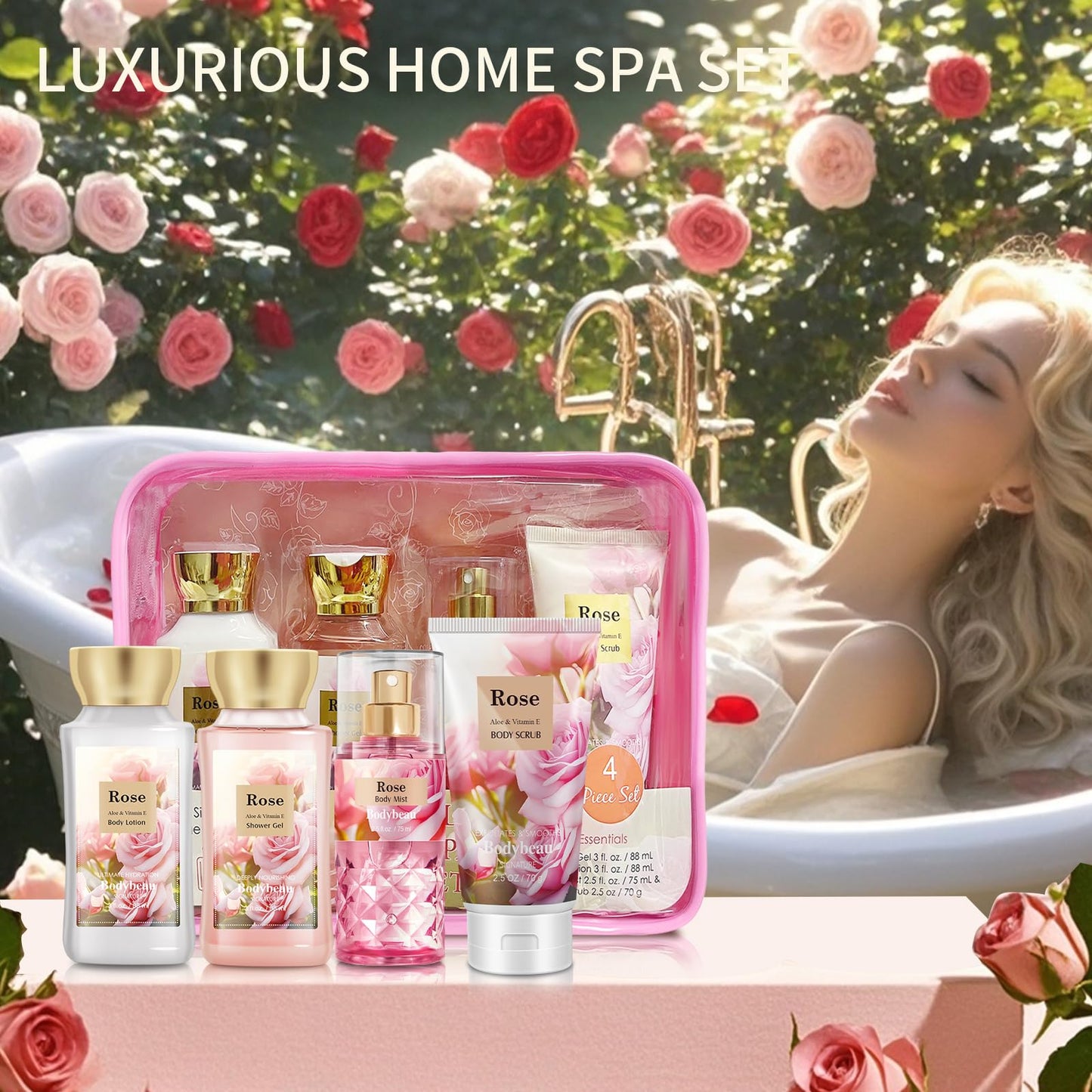 Rose Bath and Body Gift Set for Mom, 4-Piece Set Collection, Shower Gel, Body Lotion, Body Mist, Exfoliating Scrub, Personal Body Care Travel Set, Gifts for Her, Bridesmaid Gifts