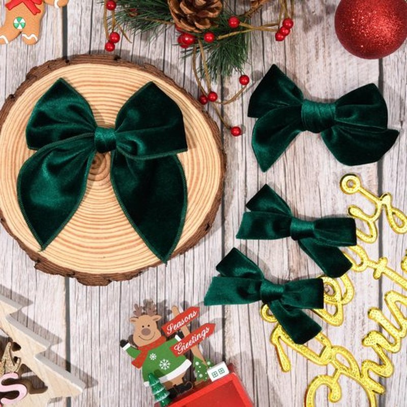 DEEKA 4 PCS Dark Green Velvet Hair Bows 3 Styles 5" & 4" Handmade Hair Bow set for Toddler Girls Alligator Hair Clips Knot Bows Hair Accessories for Little School Girls (Dark Green)
