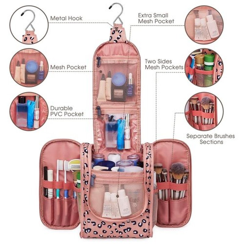 Narwey Small Hanging Toiletry Bag Women Travel Makeup Bag Organizer Toiletries Bag for Travel Size Essentials Accessories Cosmetics (Medium, Orange Leopard)