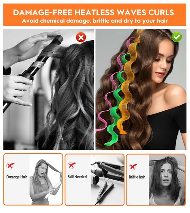 YEVYO 30 Pcs Heatless Hair Curlers Wave Curls Styling Kit with 2 Pcs Styling Hooks, No Heat Hair Curlers Heatless Wave Curlers for Women Girls Long Medium Short Hair (6 Colors, 25 cm/9.84 inch)
