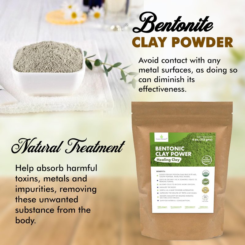 Cosmic Element 100% Pure Calcium Bentonite Clay Powder - Bentonite Clay Food Grade, Vegan, Healing Clay | Skin Care Detox - Deep Pore Cleansing Face & Body Mask for Soft, Smooth, Refreshed Skin | 4 oz
