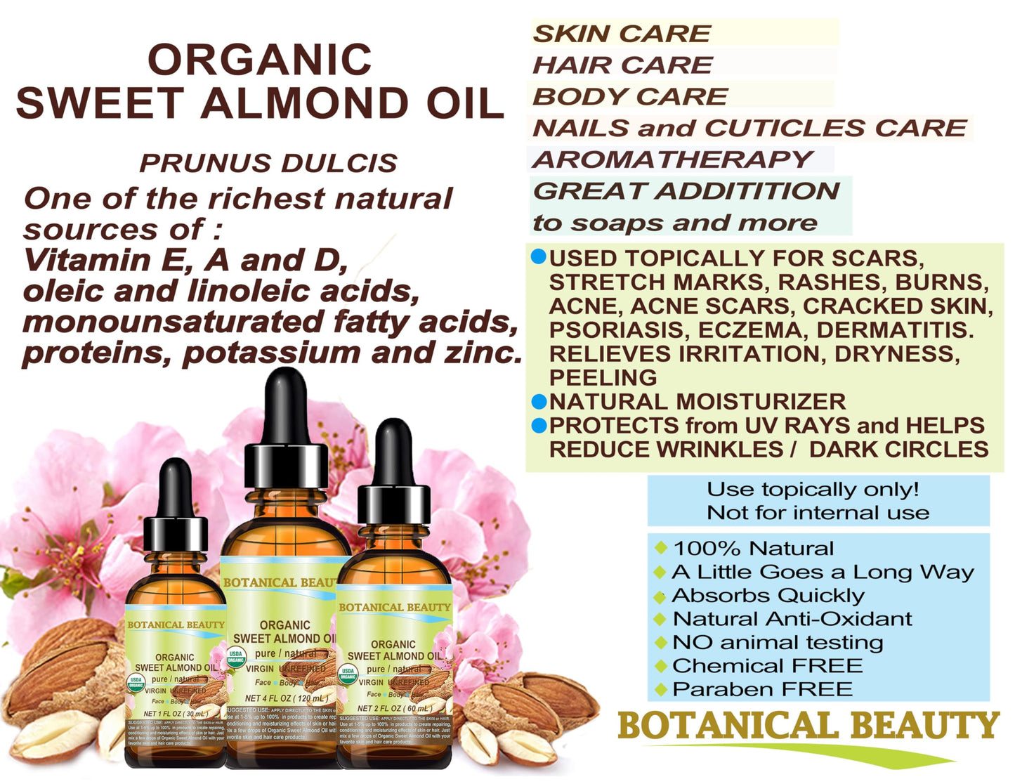 Botanical Beauty Organic SWEET ALMOND OIL 100% Pure Natural Virgin Unrefined Undiluted Cold Pressed Carrier Oil for Face, Skin, Body, Hair, Massage, Nails. 1 Fl. oz - 30 ml