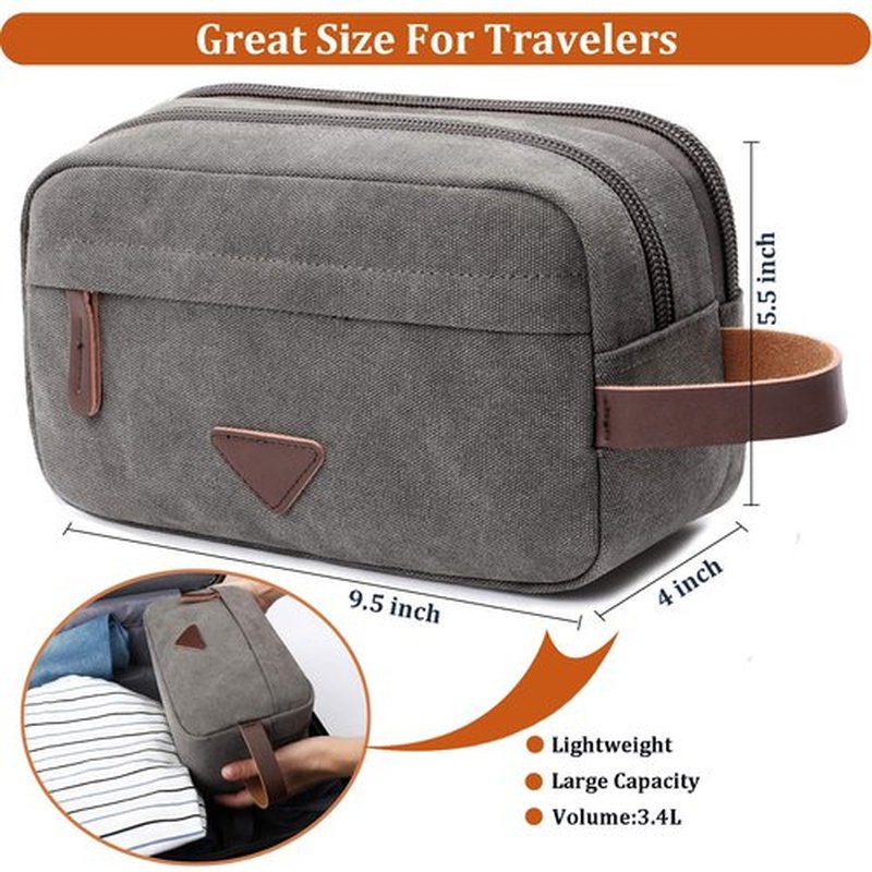 Mactso Mens Travel Toiletry Bag Canvas Leather Cosmetic Makeup Organizer Shaving Dopp Kits with Double Compartments (Gray)