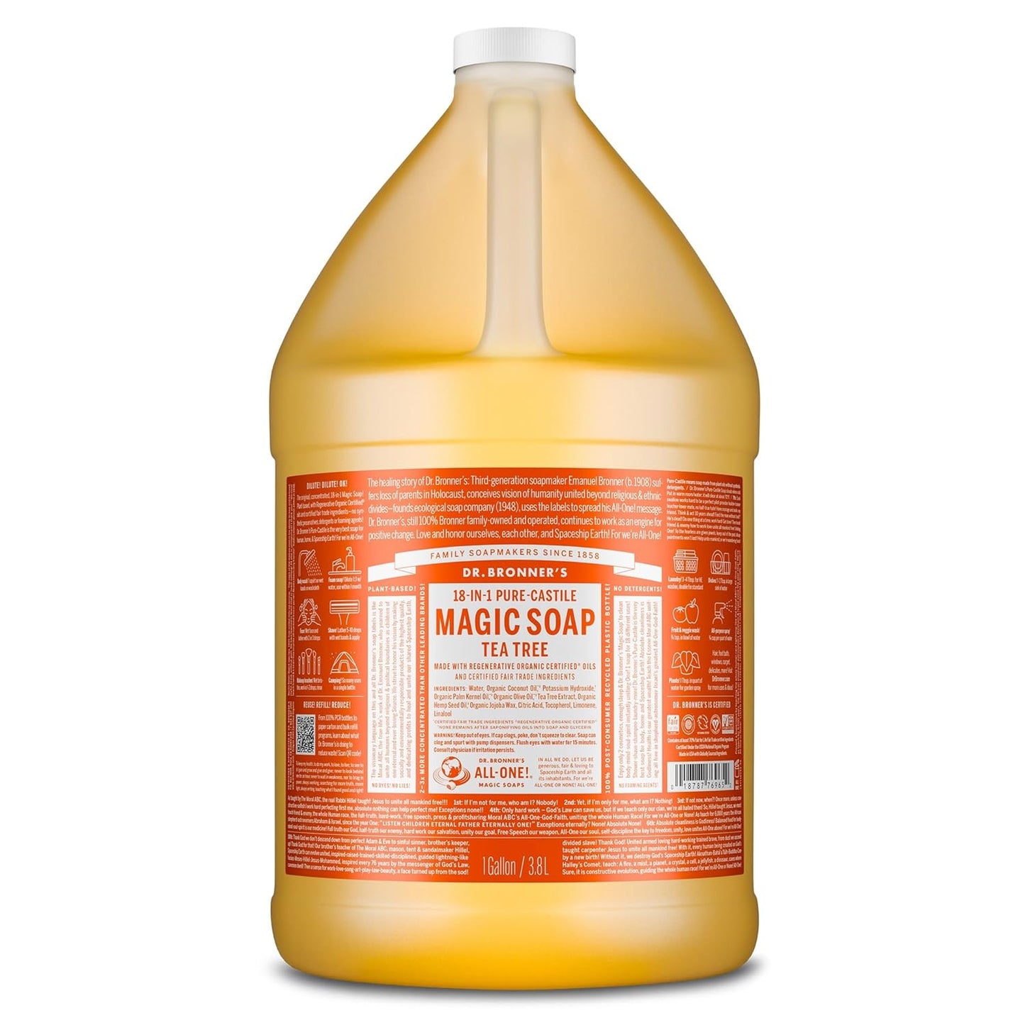Dr. Bronner's Pure-Castile Magic Soap Liquid (Tea Tree, 16 Ounce, 2-Pack)-Made with Regenerative Organic Certified Oils, 18-in1 Uses: Face, Hair, Hand & Body Soap, Laundry- Concentrated, Vegan