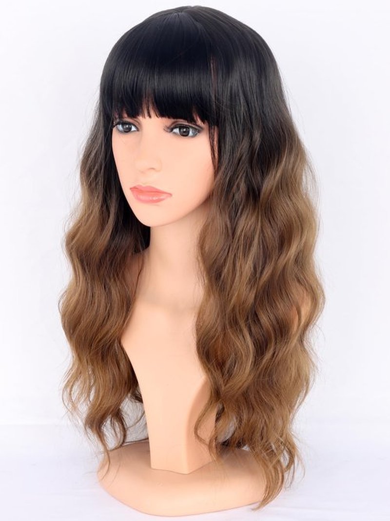 SYMEIW Ombre Brown Wavy Wigs with Bangs for Women Medium Long Brown Synthetic Wigs Natural Wavy Black To Brown Wigs Heat Resistant for Daily Party Use