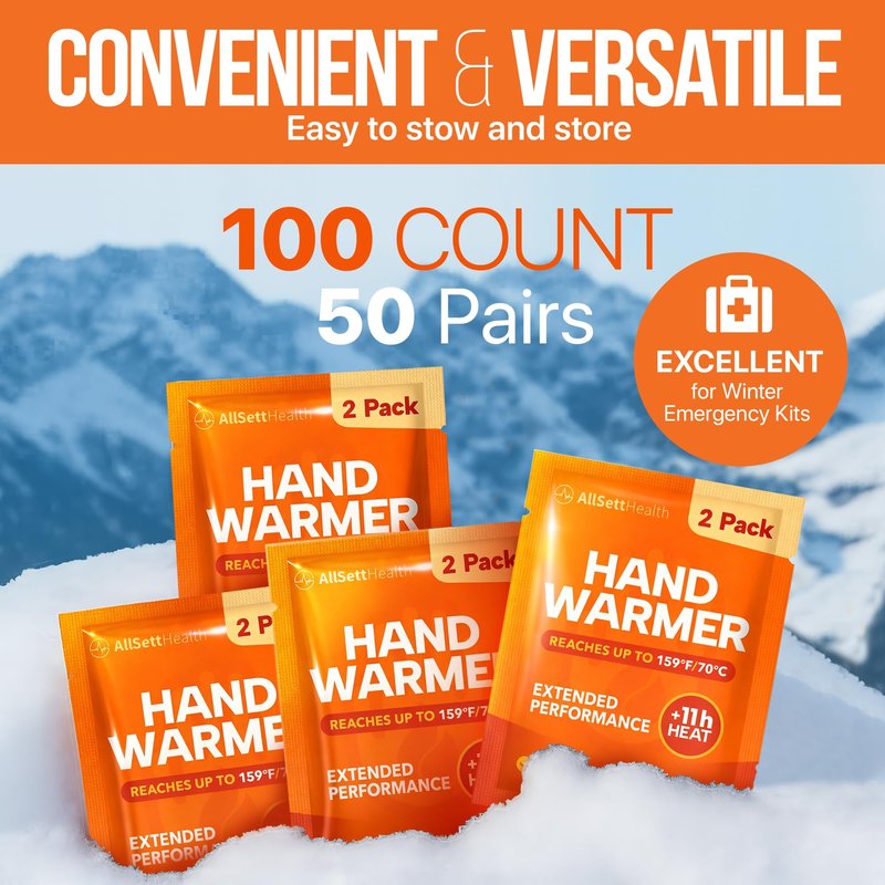 Hand Warmers Disposable Pack 50 Pairs (100 Warmers) 11+ Hour Air-Activated Hot Hands Hand Warmers Bulk - TSA Approved Pocket & Glove Warmers for Skiing