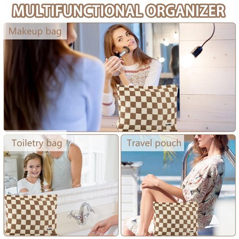 ZLFSRQ Checkered Makeup Bag for Women Girls Large Capacity Brown Corduroy Travel Cosmetic Bag Set Makeup Pouch for Purse Zipper Toiletry Organizer Cute Y2K Aesthetic Trendy Makeup Brushes Storage Bag