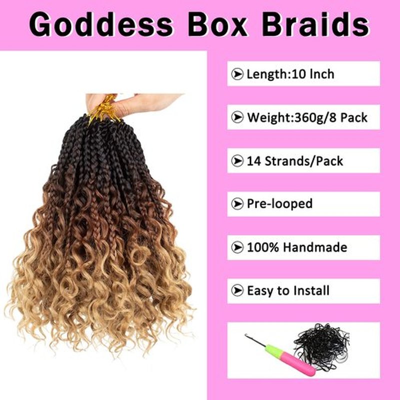 COOKOO 10 Inch Goddess Boho Box Braids Crochet Hair for Women 8 Packs Synthetic Curly Ends Crochet Hair Pre Looped Ombre Brown Bohemian Afro Twist Braiding Hair 53#