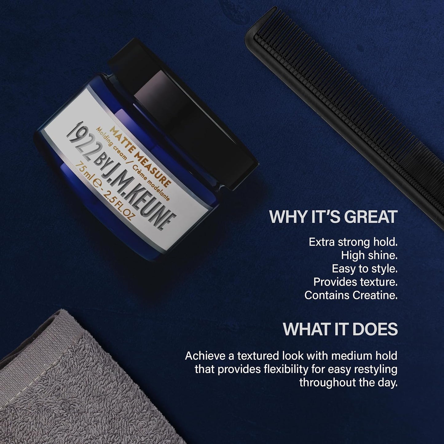 1922 by J.M. Keune Matte Measure, Medium Hold & Matte Finish Molding Cream for Men, 2.5 Fl Oz