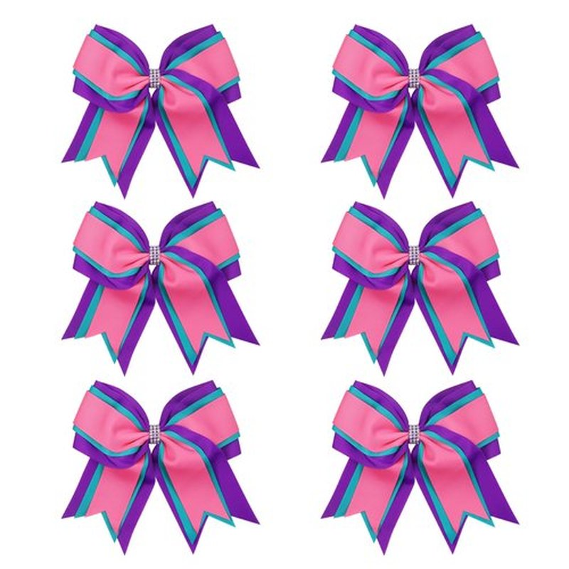 ICObuty 8 Inch 3 Layers 6 Pcs Cheerleader Bows with Hair Elastic (Purple, Teal, Hot pink) for High School College