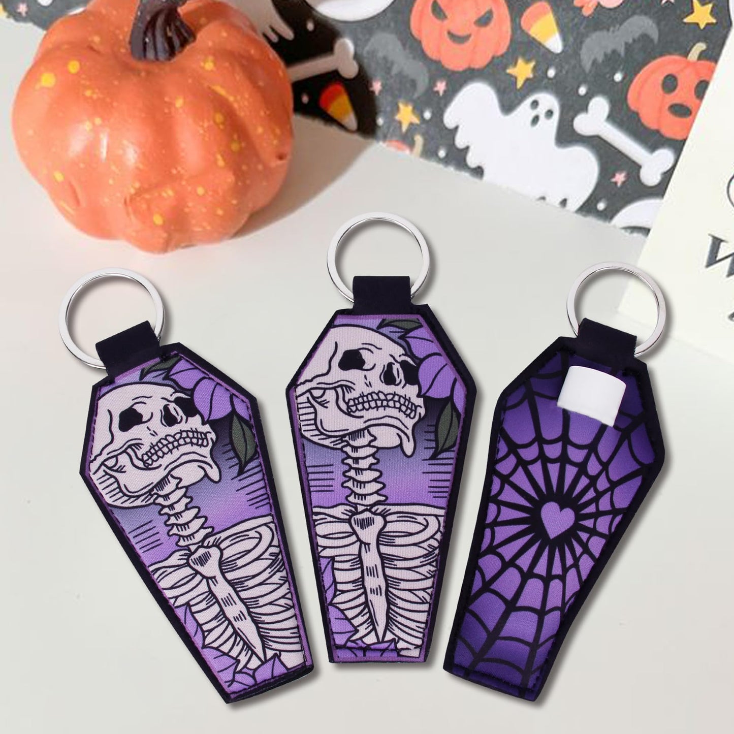 KARAQY 3 Pcs Halloween Lipstick Holder Keychain, Goth Skull Coffin Chapstick Lip Balm Neoprene Gloss Keyring