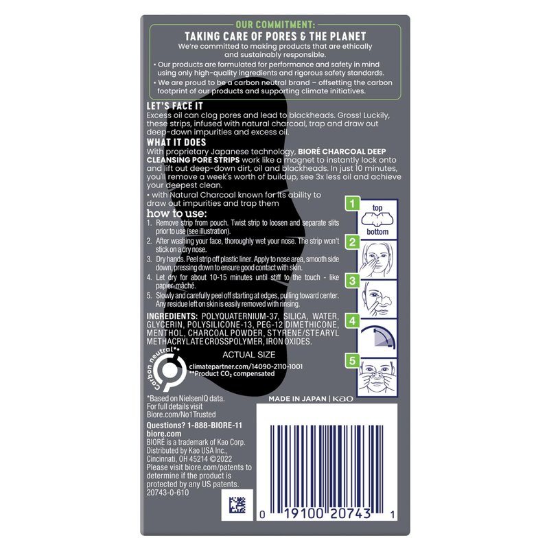 Biore Charcoal Blackhead Remover Pore Strips, Deep Cleansing Nose Strips for Removal and Unclogging, 3X Less Oil, 6 Count