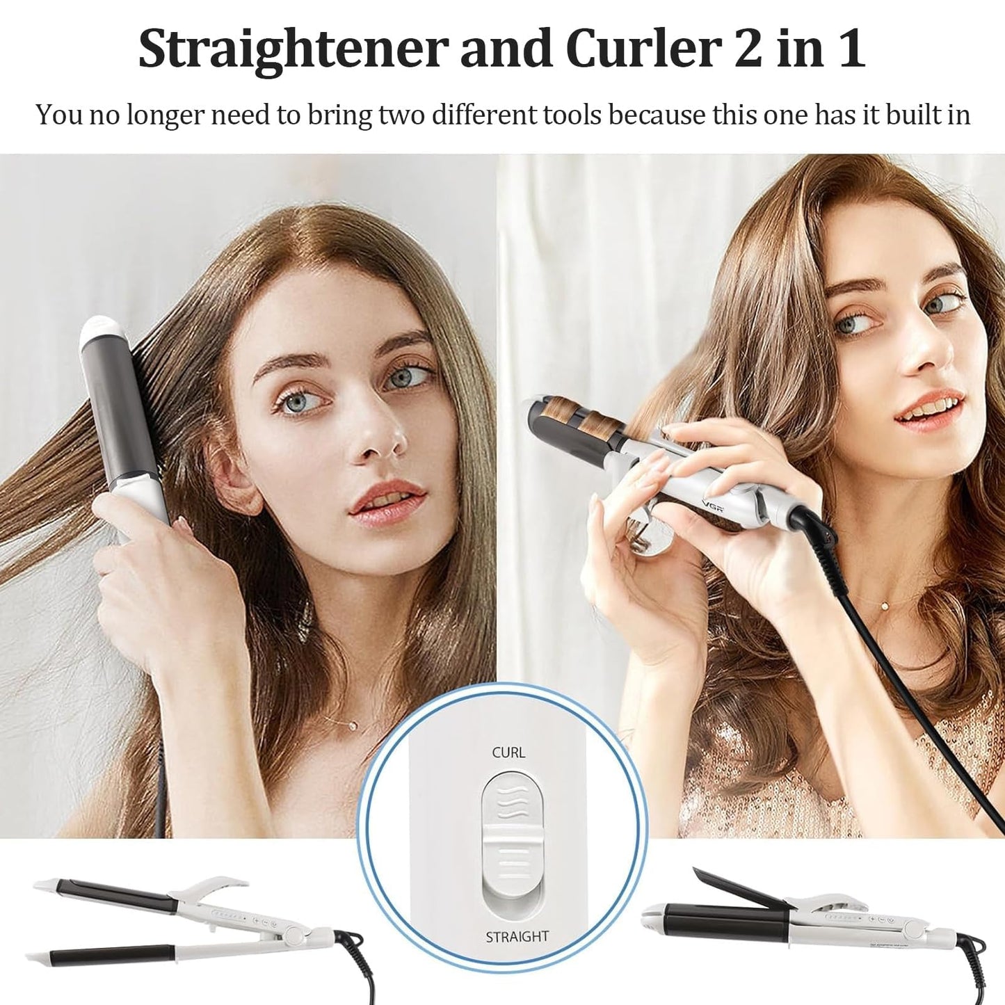 VGR Travel Curling Iron, 110~250V Dual Voltage with European Plug Adapter for International Travel, Europe Travel Essentials for Women, 2 in 1 Flat Iron and Curling Iron