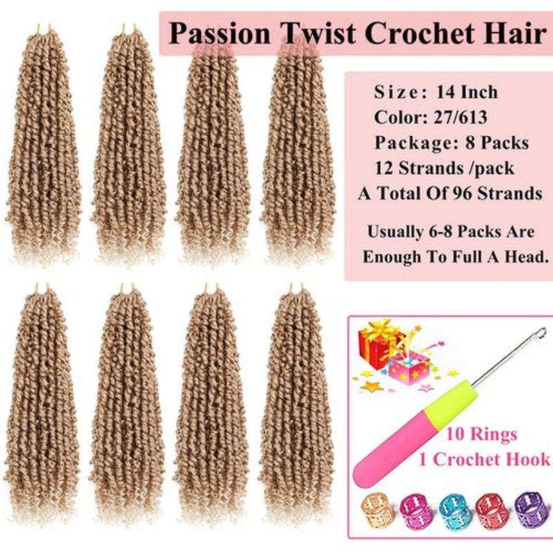 Alrence Passion Twist Crochet Hair 8 Packs Pre twisted Passion Twist Hair For Women Soft Bohe Pre-looped Crochet Braids (14 Inch (Pack of 8), 27/613)
