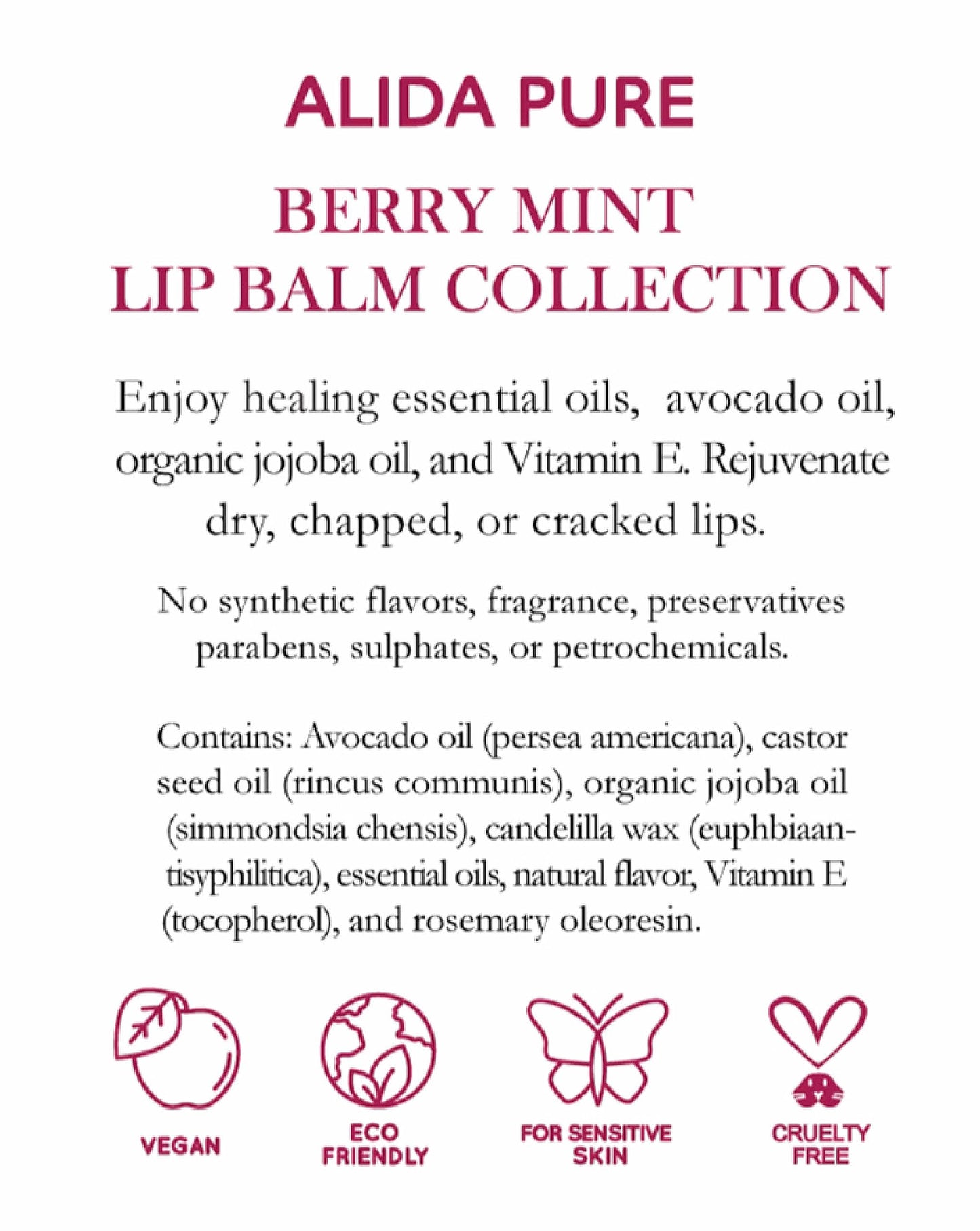 ALIDA PURE Berry Mint Lip Balm Collection, Vegan Lip Balm Set, Bees Wax Free, Coconut Oil Free, Avocado Oil, Organic Jojoba Oil, Vitamin E, Natural Moisturizer For Dry Cracked Lips, 3 Tube Set