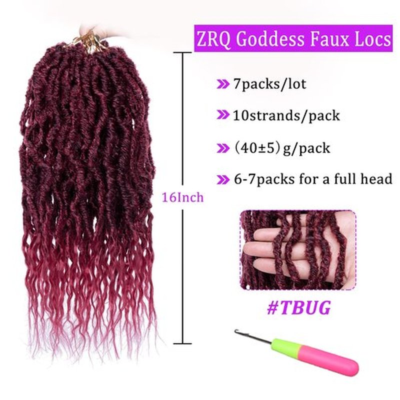 ZRQ Faux Locs Crochet Hair 7Packs 16 Inch Ombre Burgundy Wavy Goddess Locs Crochet Hair Pre-looped Soft Locs With Curly Ends Dreadlocks Synthetic Hair Extensions #TBUG