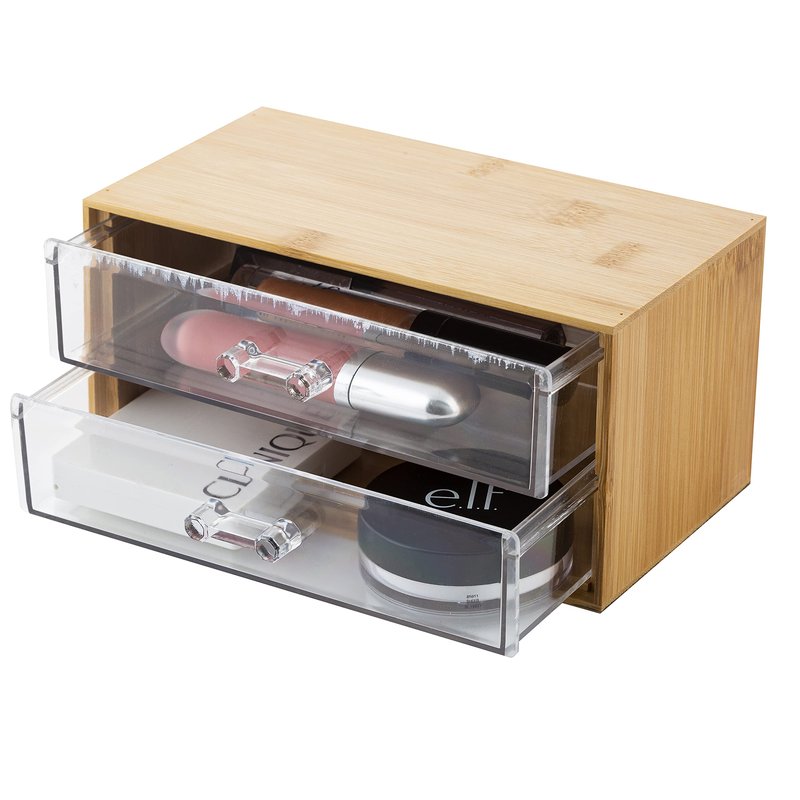 Simplify 2 Tier Cosmetic and Jewelry Holder | Drawer Organizer | Chest | Holds Make Up and Accessories | Bathroom Vanity Countertop & Dresser Storage | Clear & Bamboo