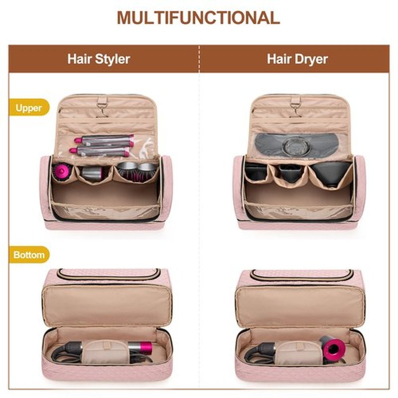 Yarwo Double-layer Storage Bag Compatible with Dyson Airwrap Multi-styler Complete Long and Attachments, Portable Travel Case with Hanging Hook for Hair Curler Accessories, Dusty Rose (Bag Only)