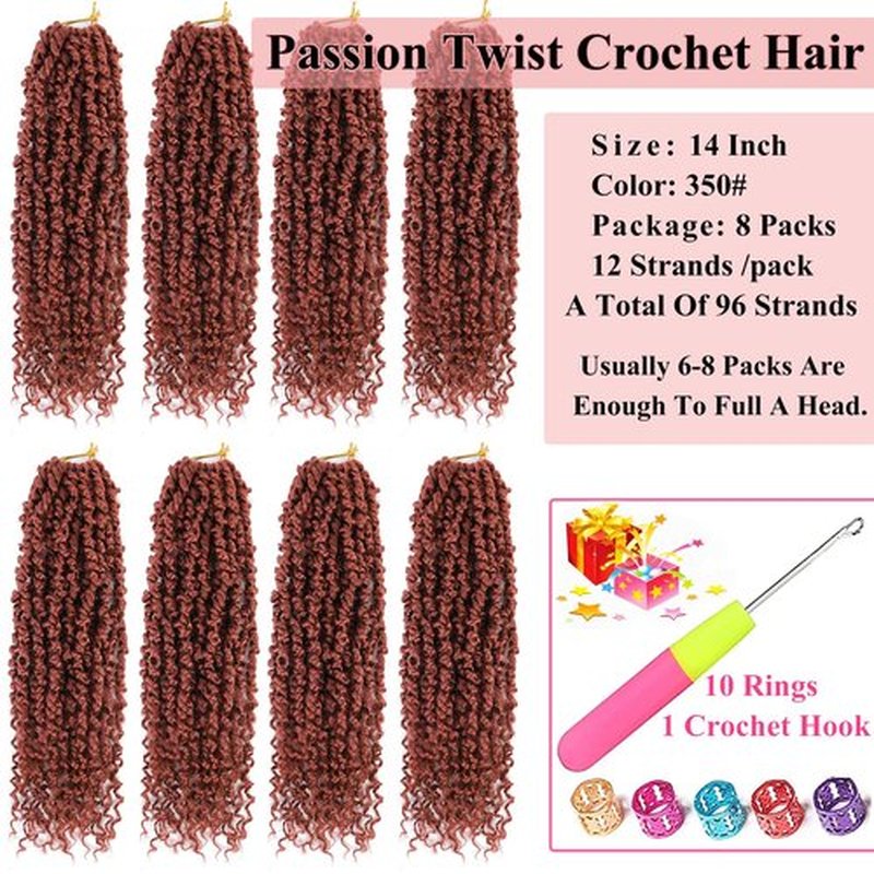Alrence Passion Twist Crochet Hair 8 Packs Pre twisted Passion Twist Hair For Women Soft Bohe Pre-looped Crochet Braids (14 Inch (Pack of 8), 350#)