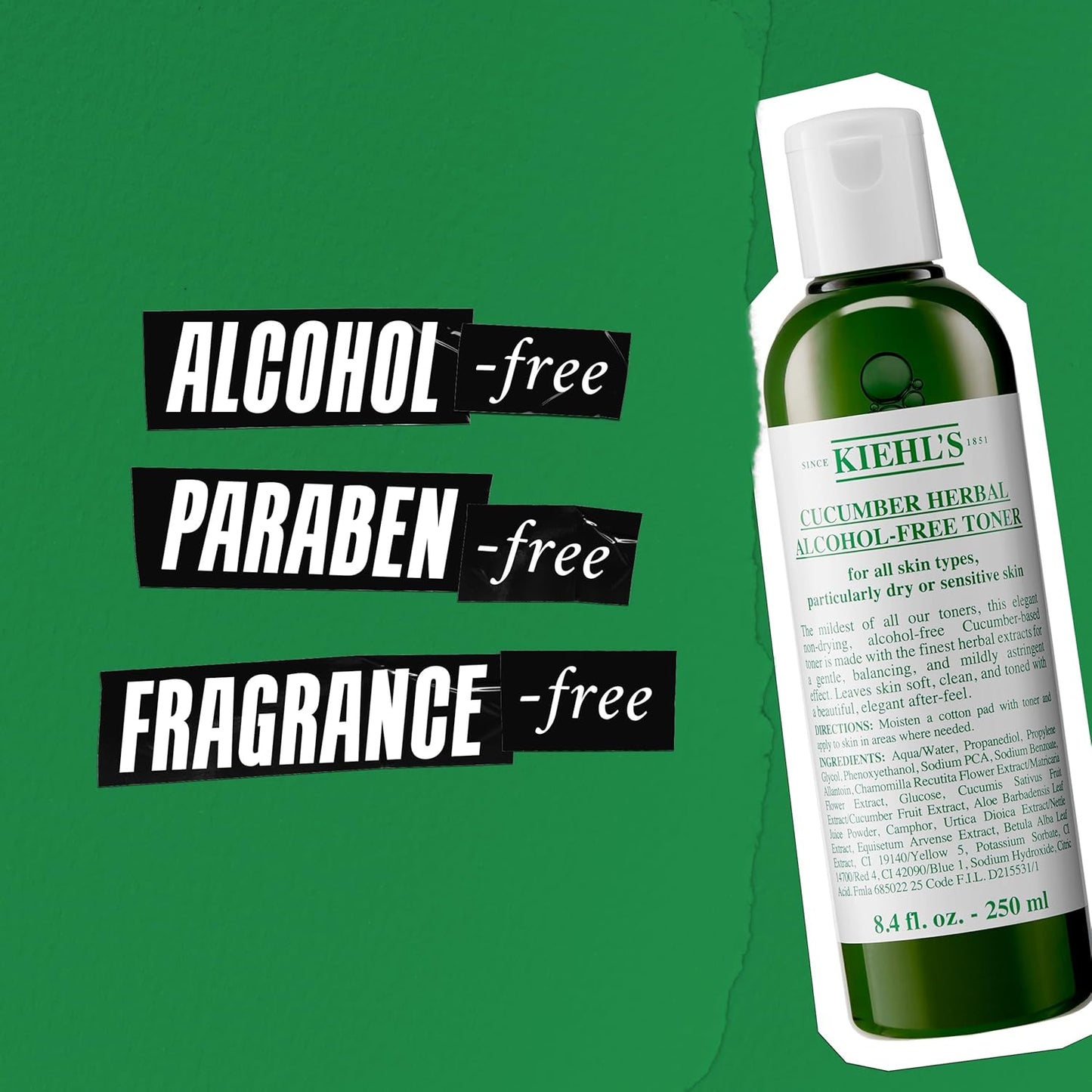Kiehl's Cucumber Herbal Alcohol-Free Toner, Gentle Facial Toner for Dry & Sensitive Skin, Leaves Skin Feeling Fresh, with Cucumber Extract, Paraben-free, Non-drying Formula, Fragrance-free