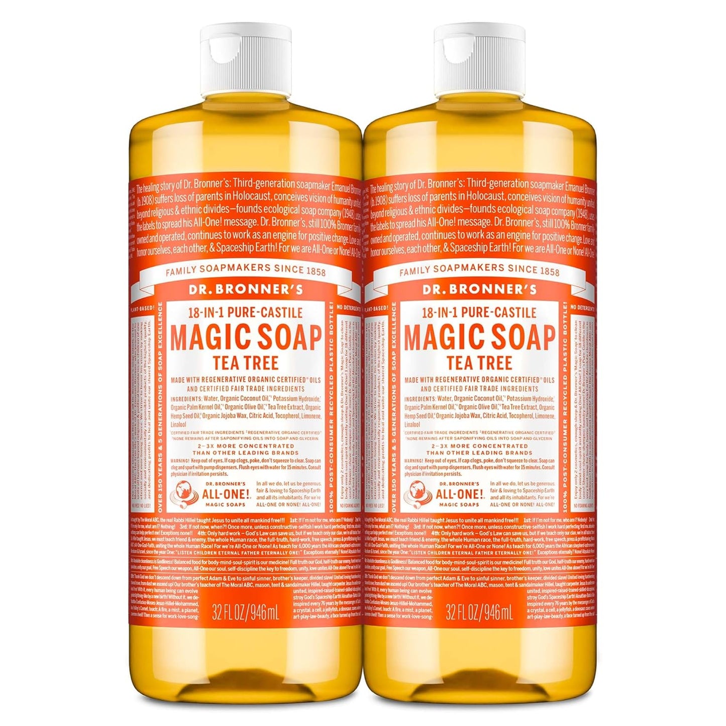 Dr. Bronner's Pure-Castile Magic Soap Liquid (Tea Tree, 16 Ounce, 2-Pack)-Made with Regenerative Organic Certified Oils, 18-in1 Uses: Face, Hair, Hand & Body Soap, Laundry- Concentrated, Vegan