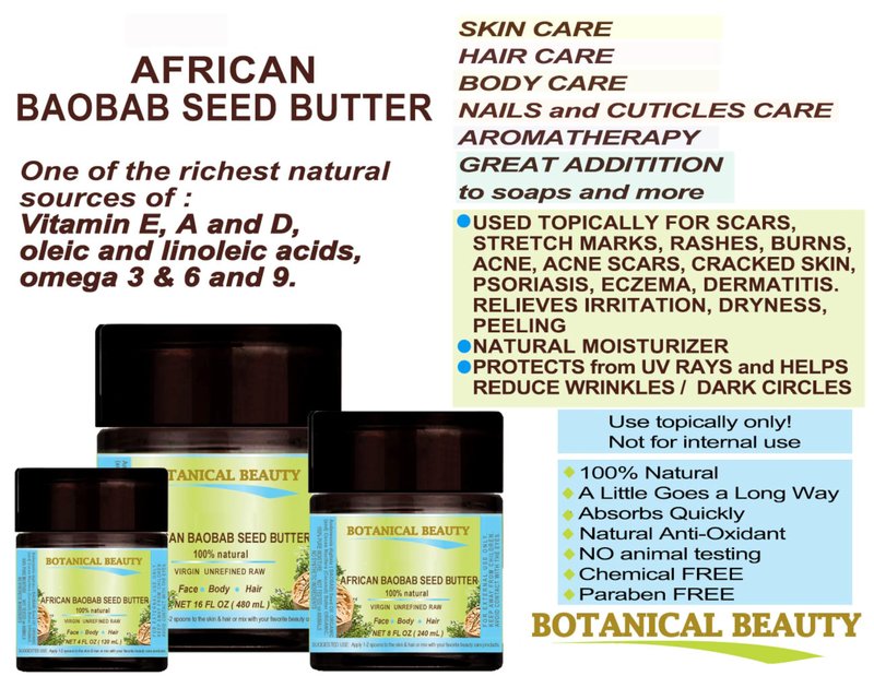 Botanical Beauty BAOBAB OIL BUTTER. 100% Natural RAW VIRGIN UNREFINED Cold Pressed for Face, Skin, Damaged Hair, Lips, Nails 4 Fl. oz. - 120 ml. Rich in Vitamin C