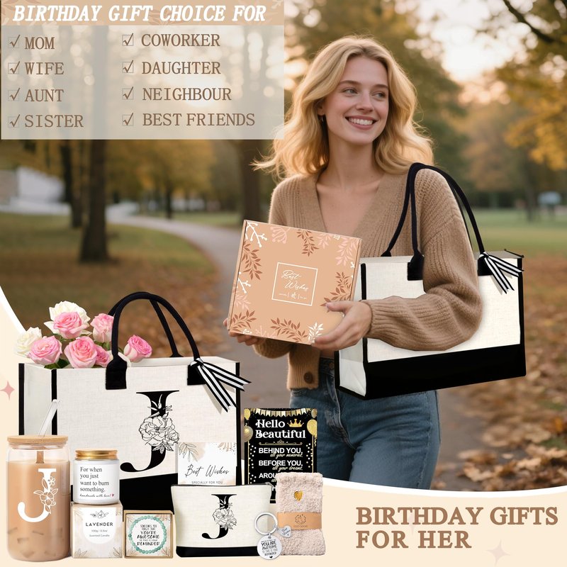 Lepiche Birthday Gifts for Women, Monogrammed Initial Gift for Teacher Wife Mom, Tote Bag,Glass Cup Gift Basket Personalized Christmas Mother's Teacher Appreciation Day,J