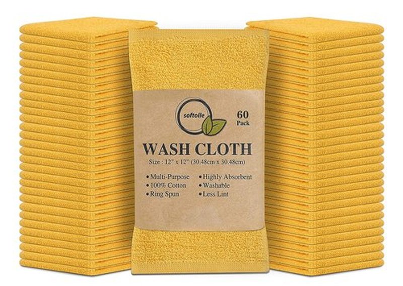 Softolle 100% Cotton Ring Spun Wash Cloths – Bulk Pack of Washcloths – 12x12 Inches – Wash Cloth for Face, Highly Absorbent, Soft and Face Towels (Yellow, 60 Pack)