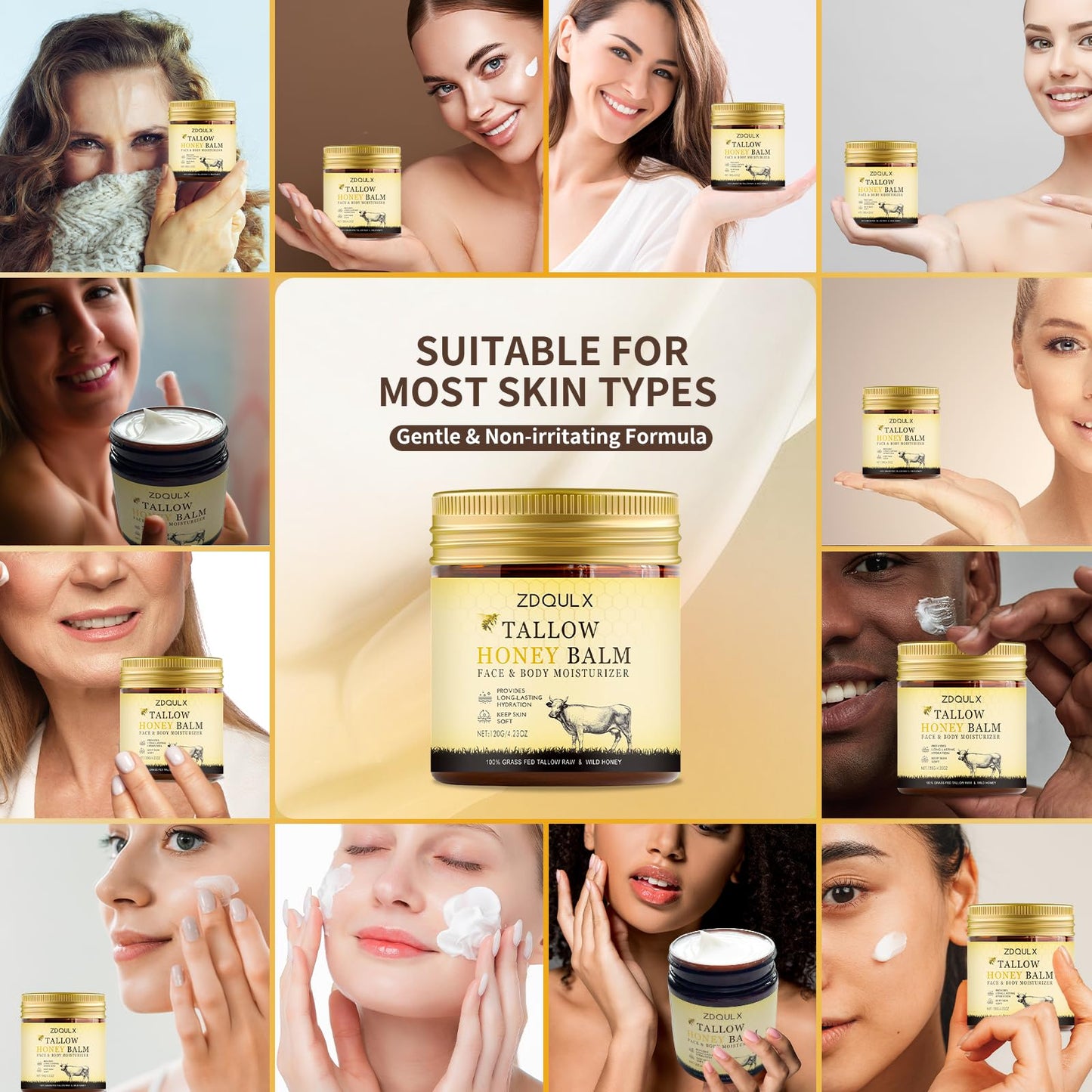 ZDQULX Grass-Fed Beef Tallow Balm with Raw Honey- Facial Moisturizer Cream Beef Tallow for Skin Natural Deeply Moisturizing for Face & Body Sensitive Dry Skin Repair 4.23 Oz