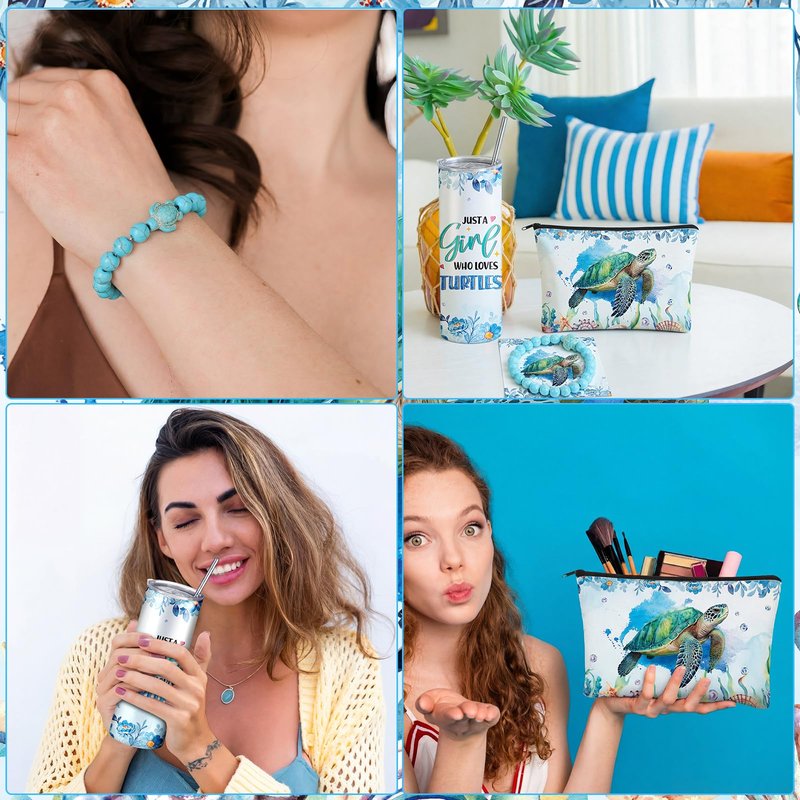 Skylety 3 Pcs Sea turtle Gift for Women Summer Sea turtle Theme Stuff 20 oz Stainless Steel Insulated Tumbler with Straw Brush Bracelet Makeup Bag Inspirational Gift for Teacher Mom Lover Birthday