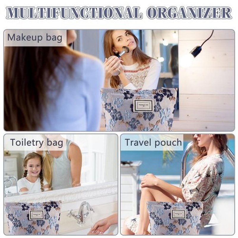 ZLFSRQ Flower Makeup Bag Travel Cute Floral Cosmetic Bags for Women Large Makeup Pouch Zipper Cosmetic Pouch for Purse Aesthetic Gray Blue Embossed Makeup Organizer Bag Portable Toiletry Bag