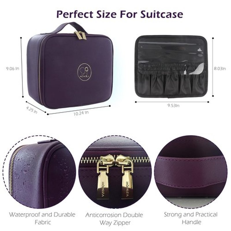 MOMIRA Makeup Bag with Mirror and Light Travel Makeup Train Case Cosmetic Bag Organizer Portable Artist Storage Bag with Adjustable Dividers Makeup Brushes Storage Organizer Deep purple