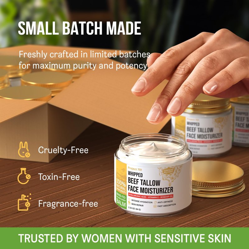 Beef Tallow for Skin and Face - Grass Fed Tallow and Honey Balm, All Natural Skin Care Moisturizer with Hyaluronic Acid - Day & Night Beef Tallow Face Cream for Dry, Sensitive Skin, Glass Jar 2.25 oz