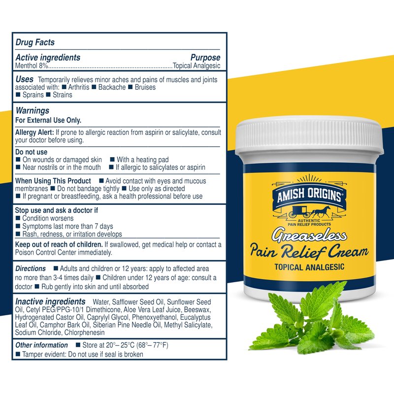 Amish Origins Arthritis Pain Relief Cream - 4 oz - Maximum Strength Deep Penetrating for Joint, Muscle, Knee, Back, Feet, Hand, Ankle, Aches, 1 Pack