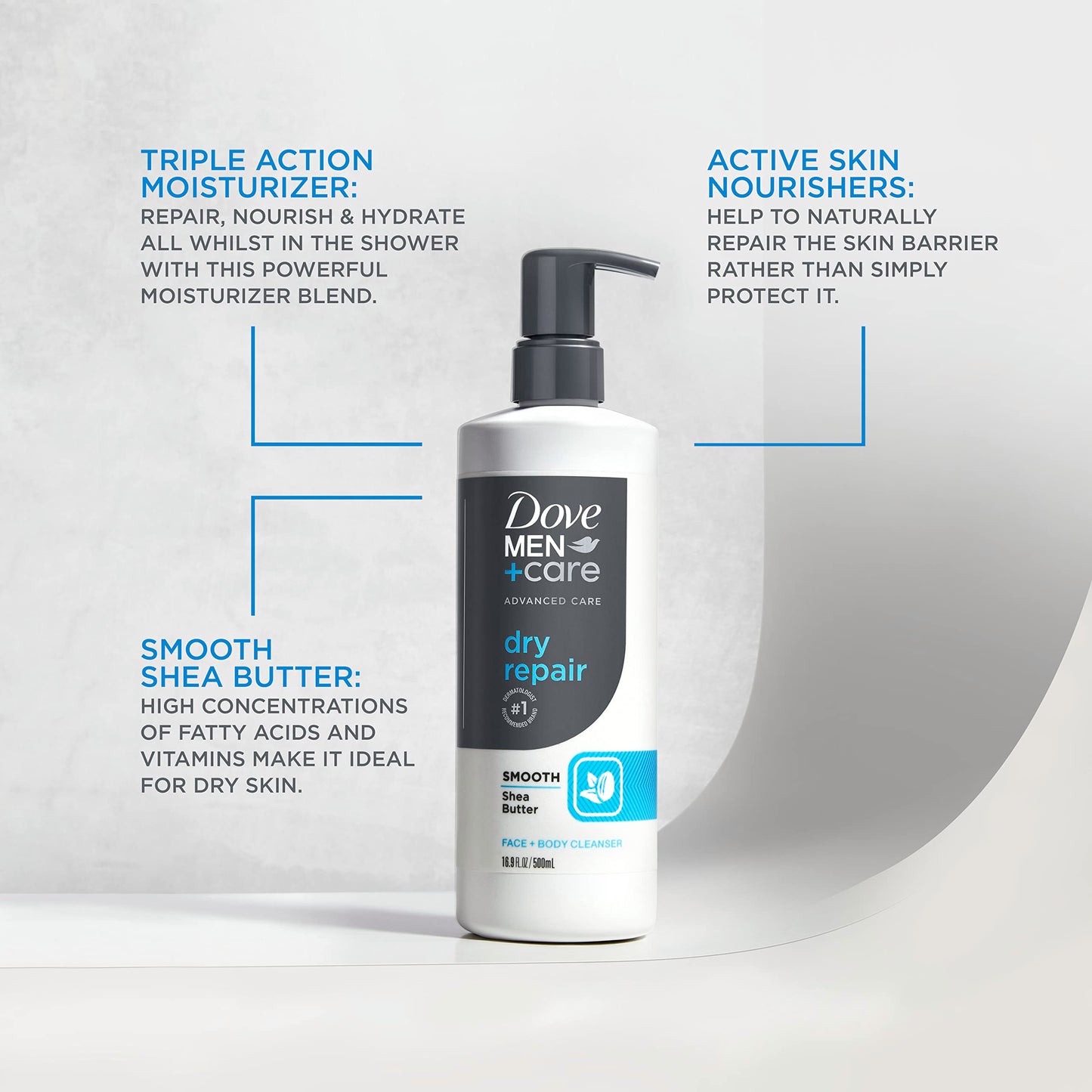 DOVE MEN + CARE Advanced Care Face + Body Cleanser Dry Repair 3 Count for Dry Skin Cleanser with Smooth Shea Butter 16.9 oz