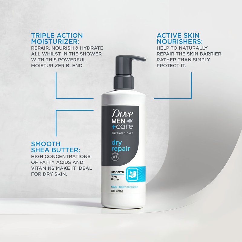 DOVE MEN + CARE Advanced Care Face + Body Cleanser Dry Repair 3 Count for Dry Skin Cleanser with Smooth Shea Butter 16.9 oz
