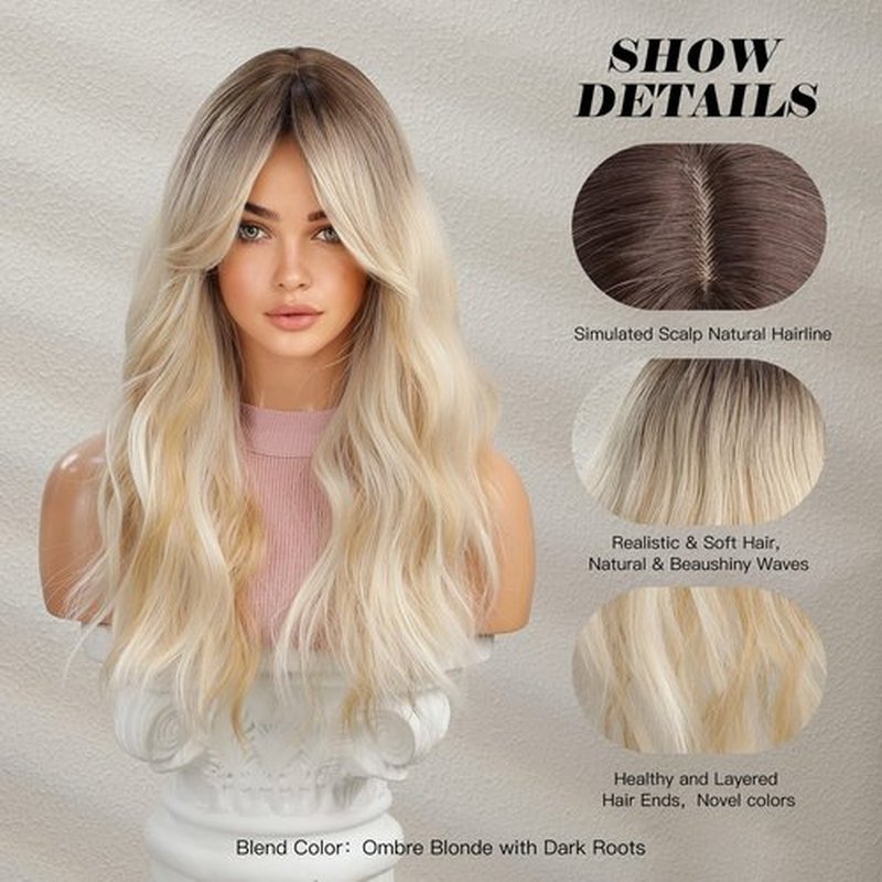 OMELPIS Long Ombre Blonde Wig with Bangs for Women Natural Layered Wavy Wigs Brown Roots Heat Resistant Synthetic Fiber High Density Curly Hair for Daily Party Holiday Dating Use 24‘’