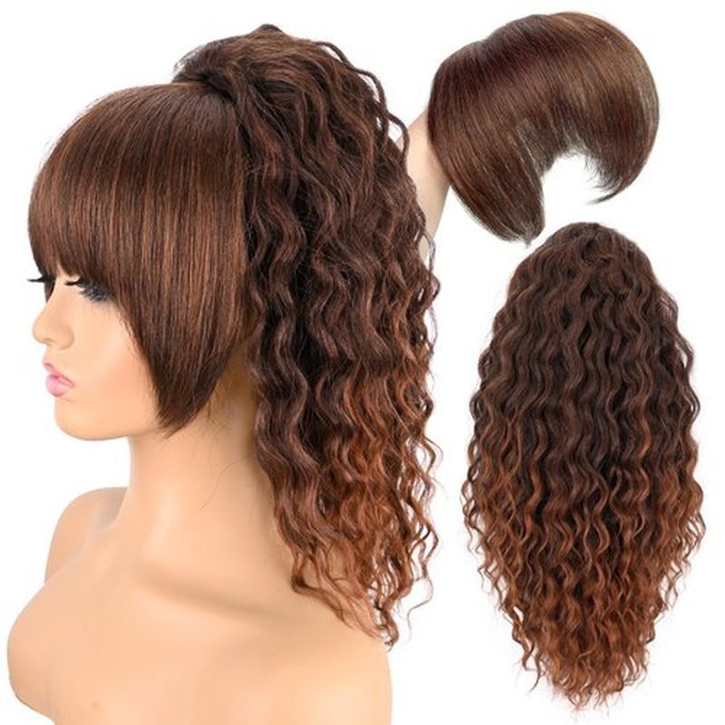 Rafabcici Ponytail Extension with Bangs,Yaki Curly Drawstring Ponytail Extension for Women 20 Inch Long Wavy Layered Pony Tails Hair Extensions Synthetic Clip in Ponytail Hairpiece for Women(T30)