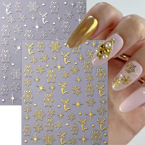 6 Sheets White Snowflake Nail Art Stickers Gold White Diamond Snowflake Nail Decals Elk Snowmen Xmas Tree Winter Nail Design Xmas Tree Bell Nail Supplies Winter Xmas Star Moon Nail Sticker for Women
