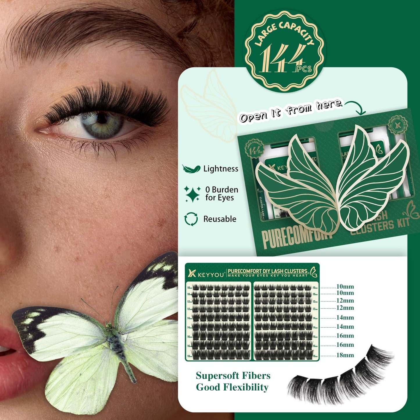 KEYYOU Lash Extension Kit 144pcs Thick Super Soft Lash Clusters with Lash Bond and Seal Lash Glue Remover Lash Applicator and Lash Brush Easy to DIY at Home(PC02-D-10-18MIX)
