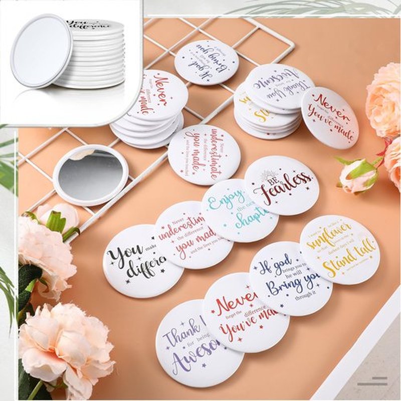 Kigley 2.8 Inch Inspirational Compact Mirror Bulk Round Portable Pocket Makeup Glass Mirror Purse Mini Small Mirror for Women Teacher Girls Coworker Friends (White Base, 48 Pcs)