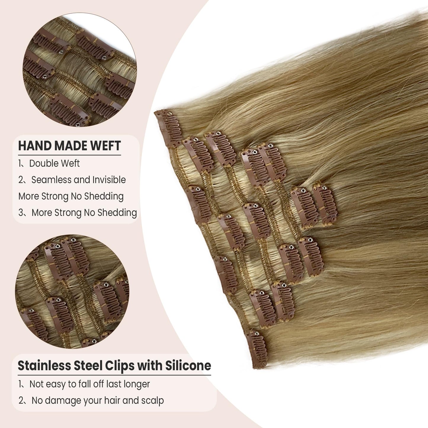 Clip in Hair Extensions Real Human Hair 14inch Ash Brown Mixed Bleach Blonde Hair Extensions Real Human Hair Clip ins 70 gram Double Weft Straight Clip in Hair Extensions