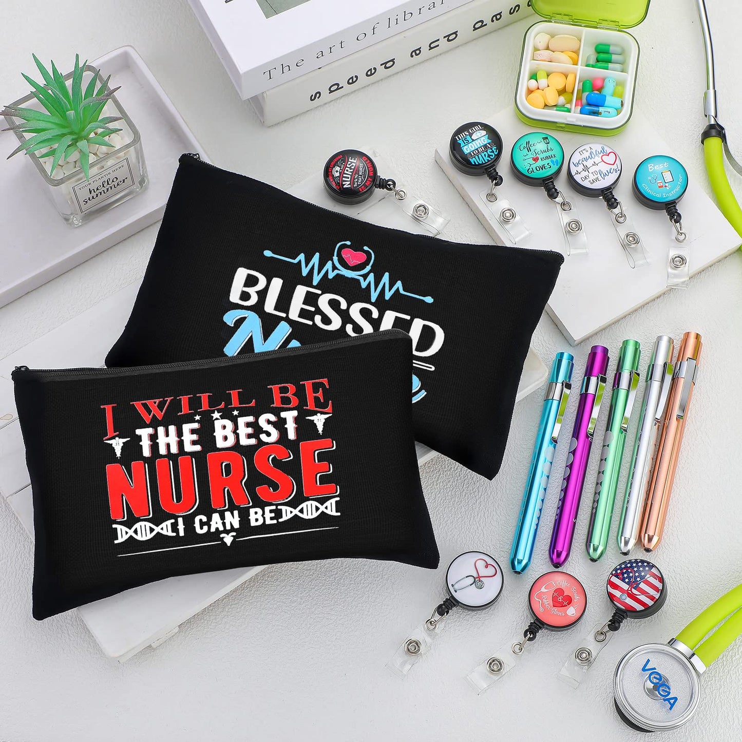 24 Pcs Nurse Week Gifts Set Nurse Accessories for Work Set Nurse Penlight Nurse Makeup Bags Cosmetic Bag Nurse Badge Reel Gifts for Nurse Nursing Student Christmas Gifts (Fresh Pattern)