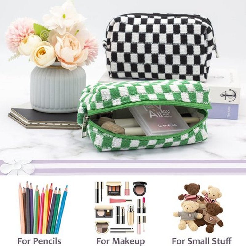 PAZIMIIK Checkered Makeup Bag for Purse Portable Zipper Make Up Pouch Small Cosmetic Case for Travel Accessories (2PCS Black Green)