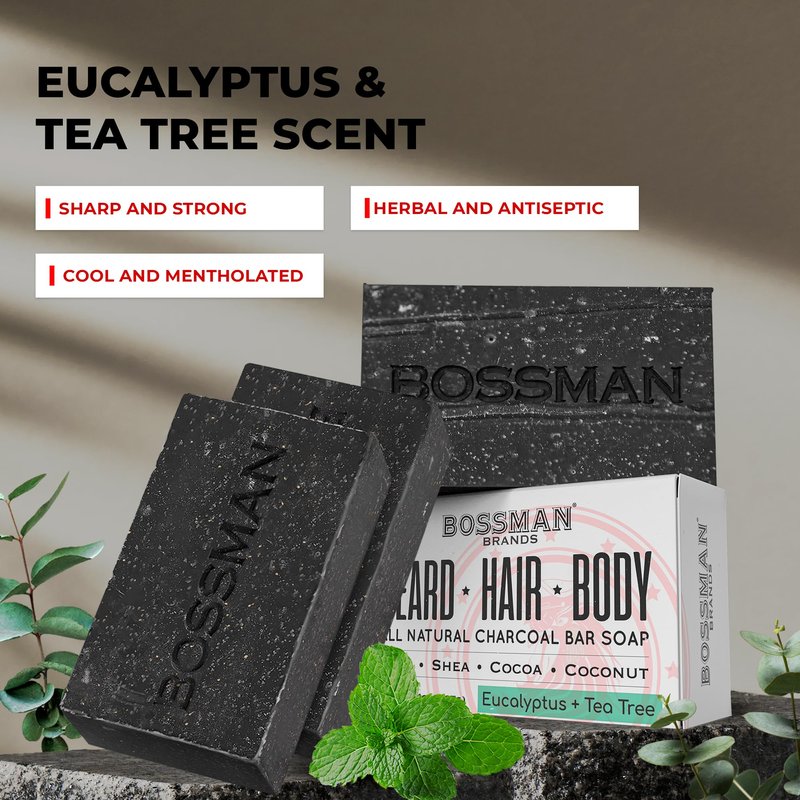 Bossman 3-Pack 4-in-1 Charcoal Soap Bar (4 oz) – Bar Soap for Men – All-Natural Beard Wash, Shampoo, Body Wash & Shaving Solution – Eucalyptus & Tea Tree Scent